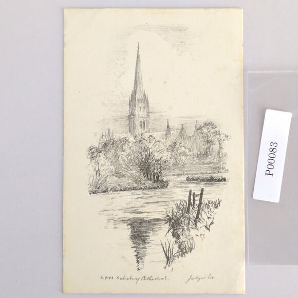 Vtg 30s Salisbury Cathedral England Judges Ltd Postcard Picture Pencil Sketch - Picture 1 of 2